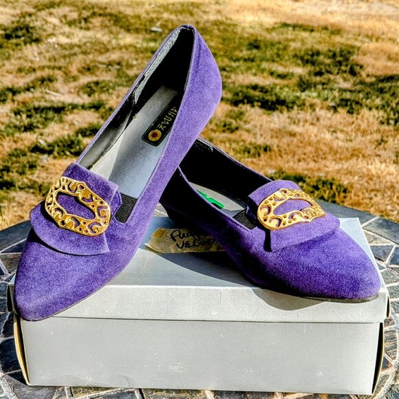 Genga Vintage Japanese 1970s Sz 6.5 Purple Velvet Retro Slip-On Flats Shoes EUC - Picture 1 of 12